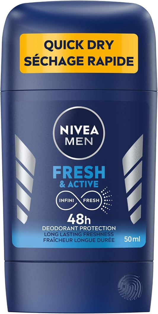 NIVEA Men Deodorant Fresh and Active | Deodorant Stick | Men’s Deodorant | 48H Protection Against Odour and Sweat | INFINIFRESH formula for all skin types | Dermatologically Tested, 50 mL