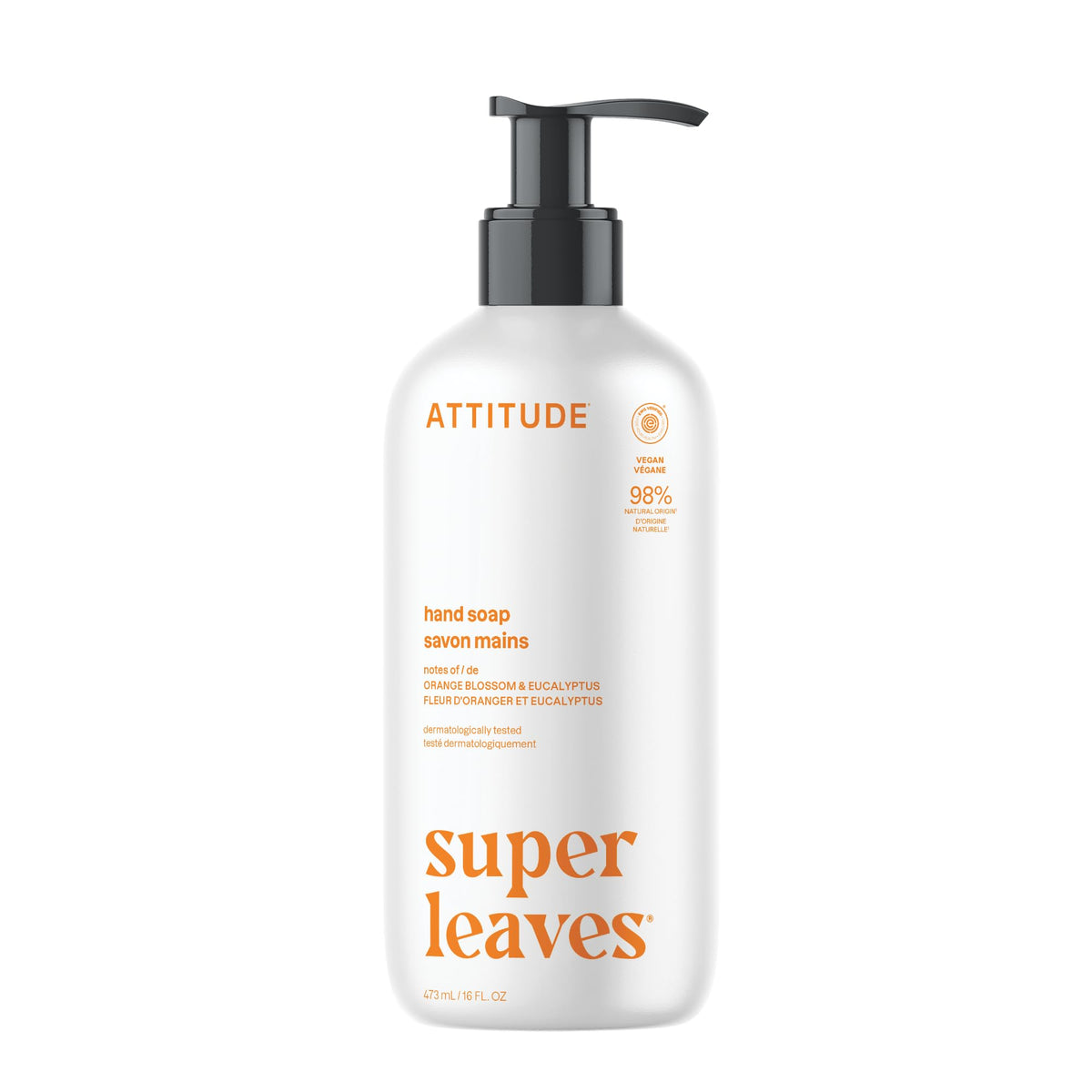 ATTITUDE Liquid Hand Soap, Made in Canada, EWG Verified, Plant and Mineral-Based, Vegan Personal Care Products, Orange Blossom & Eucalyptus Scent, 473 mL