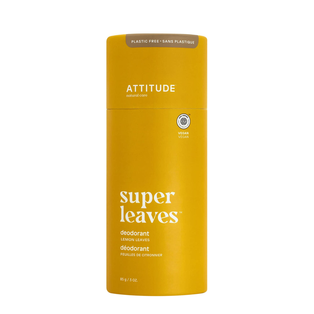 ATTITUDE Plastic-Free Deodorant, Made in Canada, EWG Verified, Aluminum Free, Vegan Naturally Sourced Body Deodorants for Women & Men, Dermatologically Tested, Lemon Leaves, 85 grams