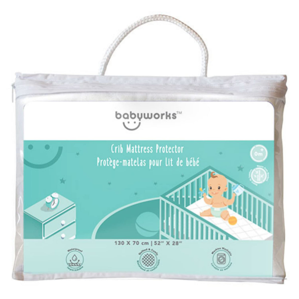 Baby Works Quilted & Fitted Bamboo Crib Mattress Protector | Crib Size – 52" x 28" | 9" Extra Long Bed Skirt with Elastic Bottom | Super Soft Ultra Absorbent | Prevents Stains | Washable & Dryer Safe