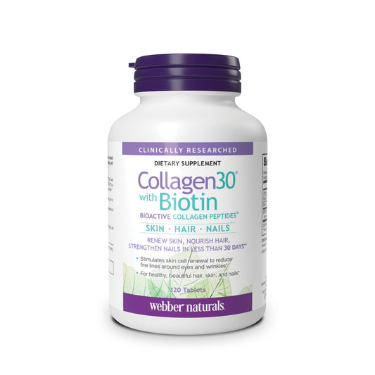 Webber Naturals Collagen30 with Biotin, 2,500 mg of Bioactive Collagen Peptides with 5,000 mcg of Biotin Per Serving, 120 Tablets, For Advanced Nourishment of Skin, Hair and Nails