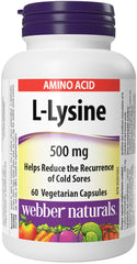 Webber Naturals L-Lysine 500 mg, 60 Capsules, Prevents Cold Sores, Vegan