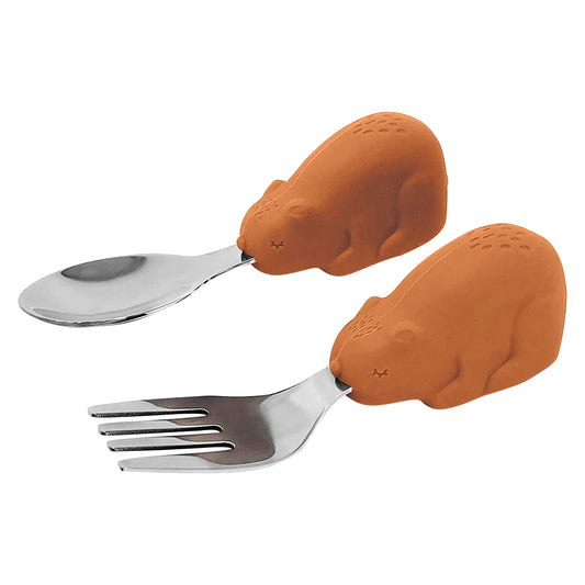 Tiny Twinkle Easy Grip Toddler Utensils Spoon and Fork Set - BPA & Phthalate Free Utensil Sets, Kids Silverware with Silicone Handle, Baby Led Weaning Supplies for 12 Months & Up, Cinnamon Bear