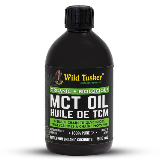 Wild Tusker Organic Premium MCT Oil (Fractionated Coconut Oil), 100% C8 Caprylic Acid, 500ml | Non-GMO, Cold pressed without chemicals | Keto Friendly, Kosher Checked, Vegetarian