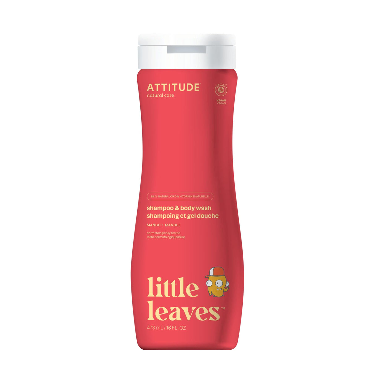 ATTITUDE Shampoo and Body Wash for Kids, Made in Canada, EWG Verified, Dermatologically Tested, Plant- and Mineral-Based Ingredients, Vegan and Cruelty-Free, Mango, 473 mL