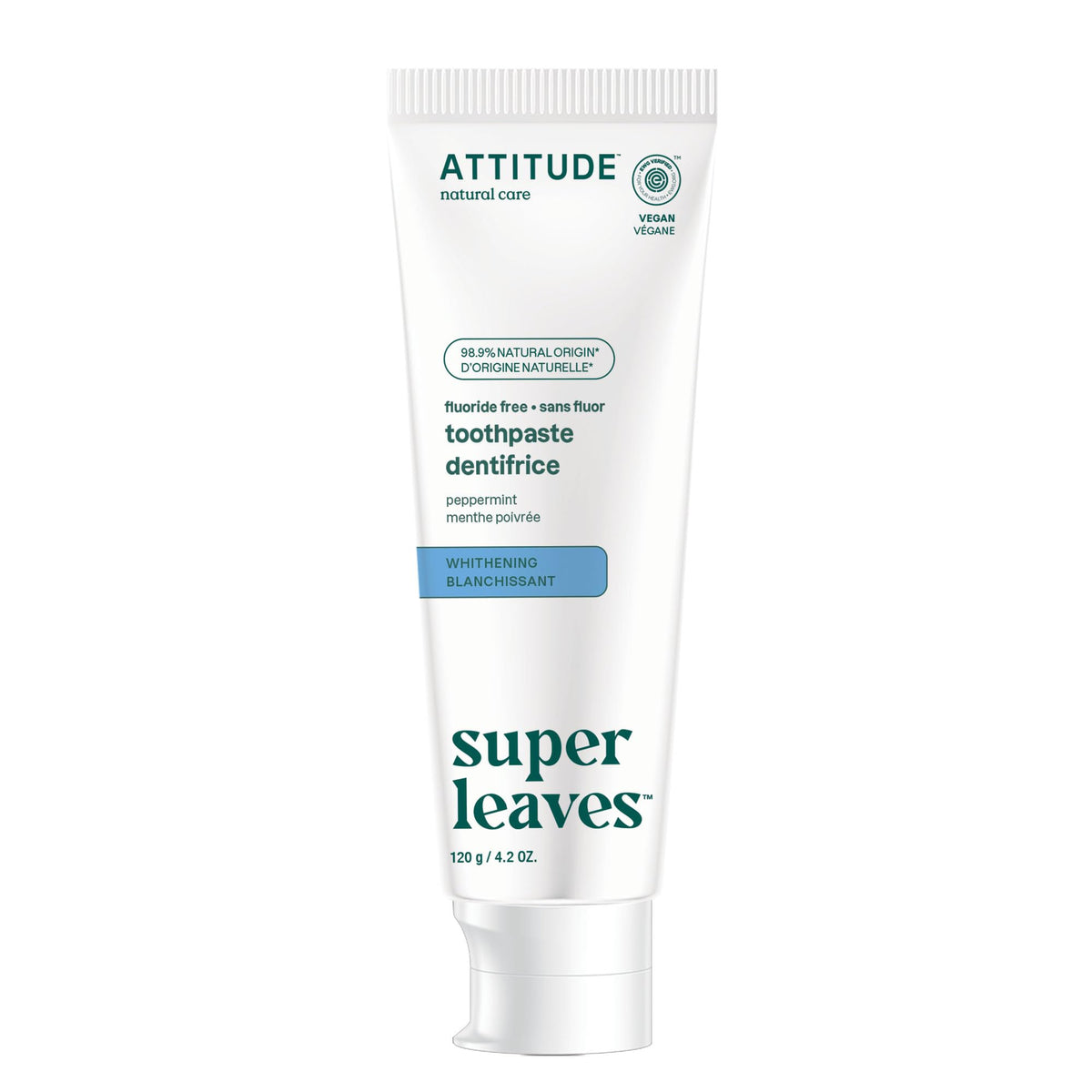 ATTITUDE Fluoride-Free Whitening Toothpaste, Peppermint Flavor, Vegan & Cruelty-Free, Sugar-Free, Plant & Mineral-Based Ingredients, Clean Oral Care, 120 grams