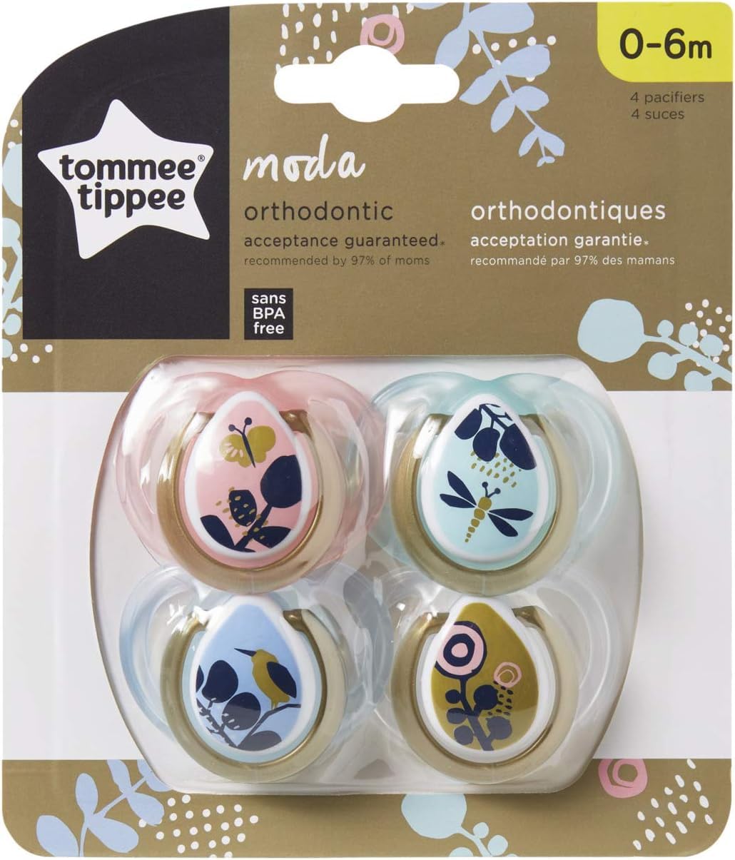 Tommee Tippee Moda Pacifiers, Symmetrical Design, BPA-Free Silicone Binkies, 0-6 months, Pack of 4 Pacifiers