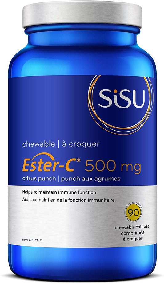 Sisu Ester-C 500mg Chewable Tablets, Citrus, Naturally Sweetened Vitamin C with 24-hour Immune Support, Less Acidic, Better Absorbed & Retained Than Other Forms of Vitamin C, Gluten Free & Vegan