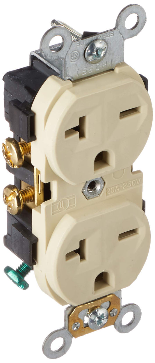 Leviton Narrow Body Duplex Receptacle 20 Amp, 250 Volt, Straight Blade, Commercial Grade, Self Grounding, 5822-I, Ivory