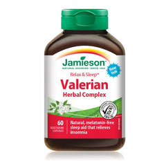Jamieson Relax and Sleep Herbal Complex, with Valerian, Passionflower, and Hops, Melatonin-Free. Natural Sleep Aid, and Calming, Non-GMO, Gluten-Free, 60 Vegetarian Capsules, Proudly Canadian