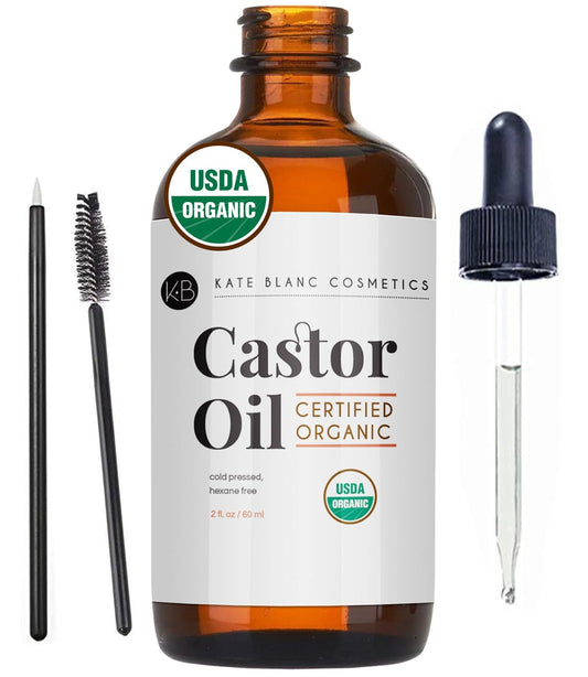 Kate Blanc Cosmetics Castor Oil Organic for Hair, Lashes, Face (2oz), 100% Pure, Cold Pressed, Hexane Free Hair Oil. Lash Serum for Thicker-Looking Eyelashes & Eyebrows