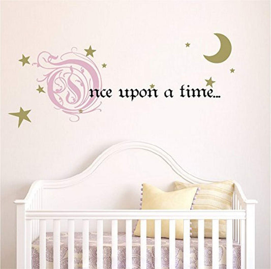 Once Upon a Time Story Book Quote Vinyl Wall Decal Removeable Baby Girl Nursery Fairy Tale Design Sticker (Pink, Gold, Black, 9x22 inches)