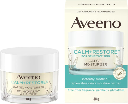 Aveeno Calm + Restore Oat Gel Moisturizer, Face Cream, Oat, Feverfew, Dry Skin, Daily Skincare, Fragrance Free, for Sensitive Skin, 48-grams