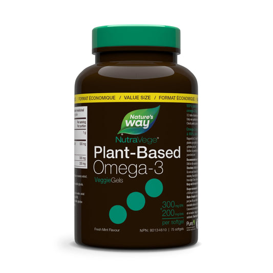 Nature's Way NutraVege Plant-Based Omega-3 Softgels – Vegan-Friendly Omega-3 Supplement with 300mg EPA + 200mg DHA – Fresh Mint Flavour – Support Heart, Eyes and Brain Function - 75 Softgels (Value Size)
