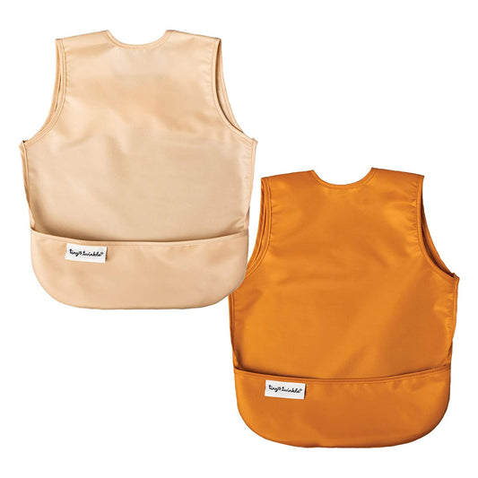 Tiny Twinkle Mess-Proof Apron Toddler Bibs w/Tug-Proof Closure, Baby Food Bibs, 2 Pack Sand, Cinnamon