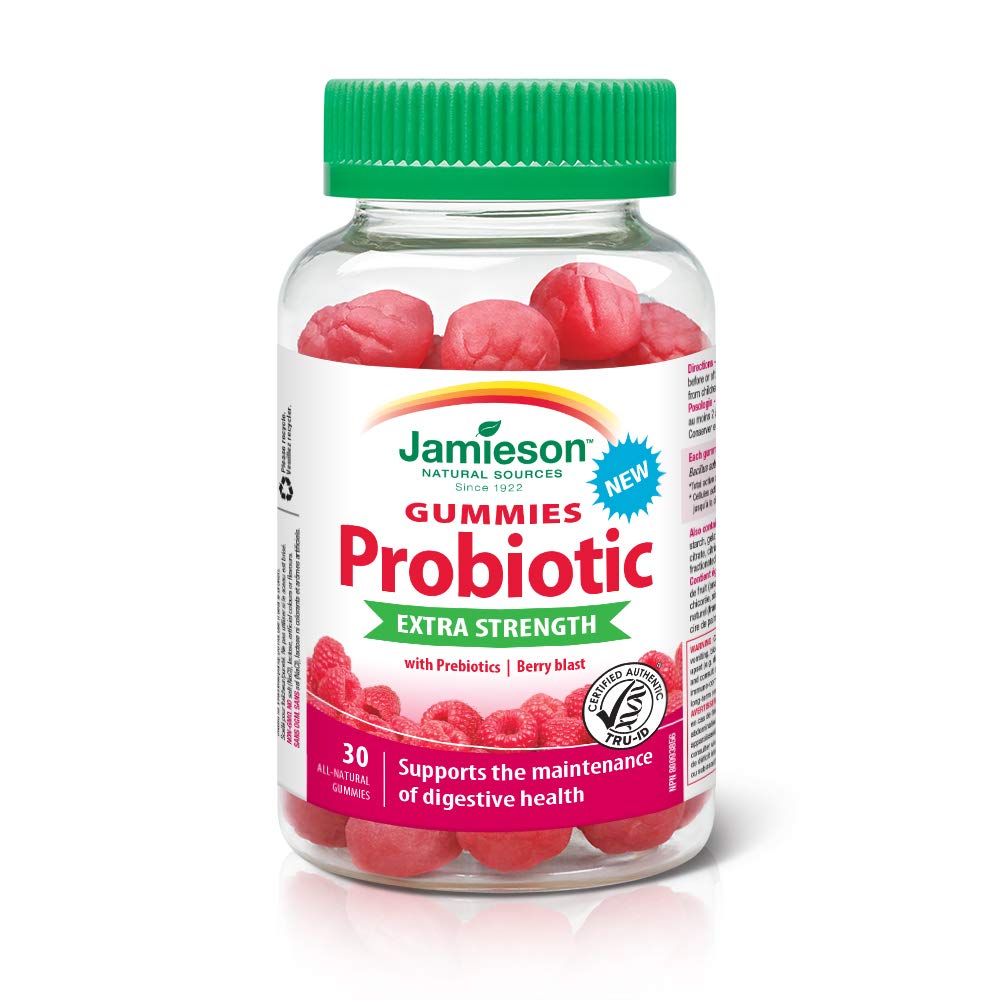 Jamieson Extra Strength Probiotic Gummies 5 Billion Active Cells Berry Blast Flavour, Improves Digestive Health, and Supports a Healthy Microbiome, No Artificial Colours, Flavours, or Preservatives, 30 Count