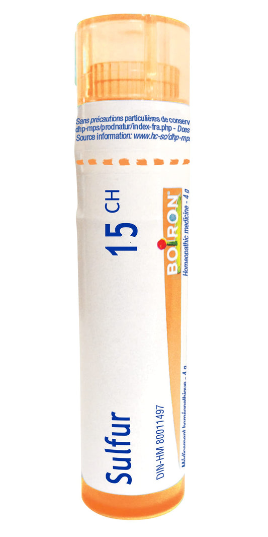 Boiron Sulfur 15ch,Homeopathic medicine. Each tube contains 4 g (approximately 80 pellets)