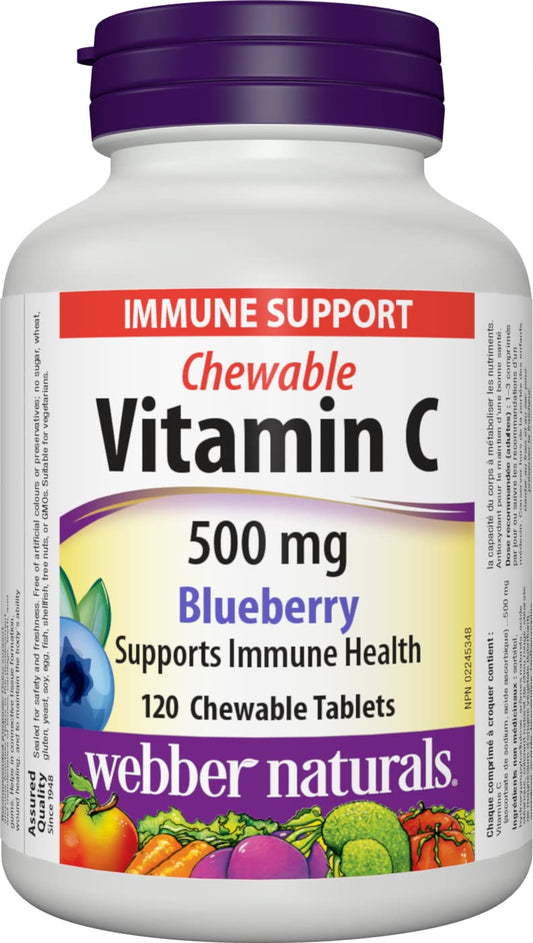 Webber Naturals Vitamin C Chewable 500 mg, 120 Blueberry Flavour Tablets, For Bones, Teeth, Immune and Antioxidant Health, Vegetarian