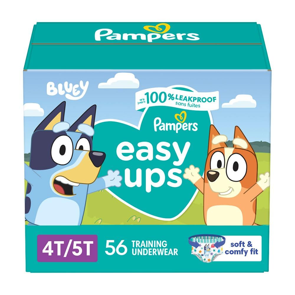 Pampers Easy Ups Girls & Boys Potty Training Pants, Size 6 (4T5T), Bluey Absorbent Training Underwear, Up to 100% Leakproof Day and Night, Hypoallergenic, 1 Pack (Count of 56)