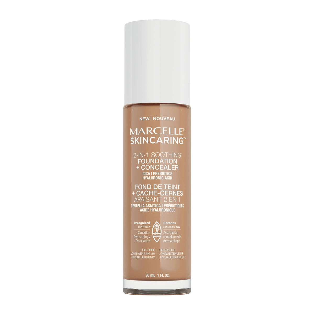 Marcelle Skincaring 2-in-1 Soothing Foundation + Concealer, Medium Beige, with Hyaluronic Acid, Medium Coverage, Matte Finish, Oil-Free, Cruelty-Free, Fragrance-Free, Hypoallergenic, 30 mL