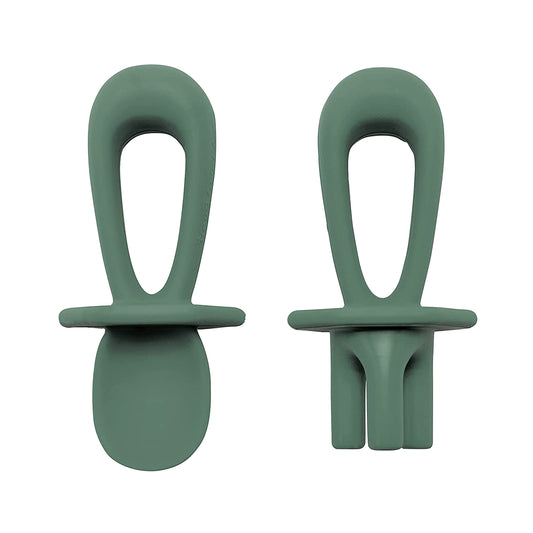 Tiny Twinkle Silicone Training Utensils - Baby Spoons and Baby Forks For Self-Feeding Training - Silicone Baby Led Weaning Utensils For Toddlers And Babies 6-24 (Mint) Months - Baby Feeding Supplies (Olive)