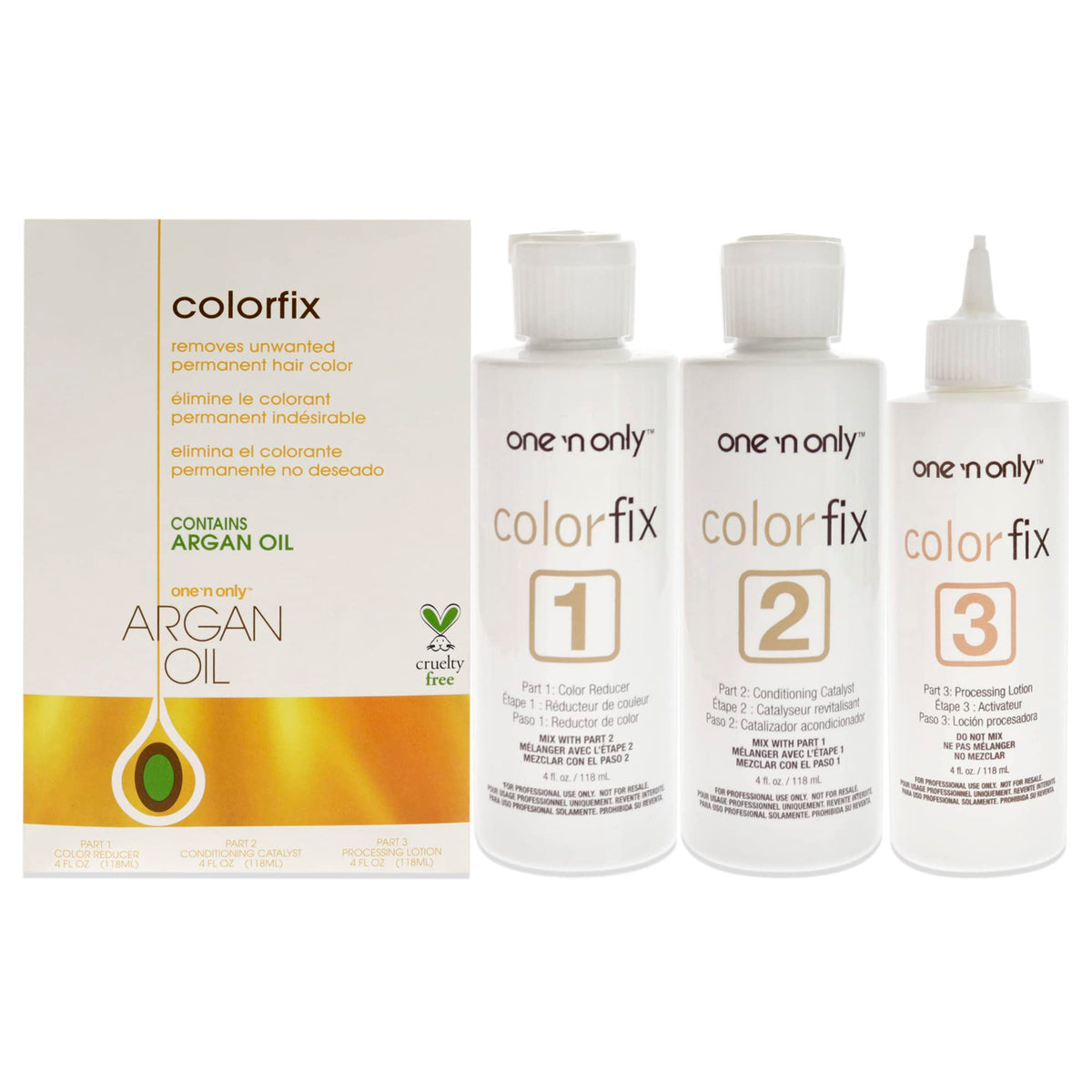 ONE 'N ONLY Argan Colorfix Color Remover 4oz Color Reducer, 4oz Conditioning Catalyst, 4oz Processing Lotion Unisex 3 Pc