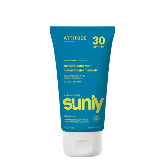 ATTITUDE Mineral Sunscreen for Kids, SPF 30, Made in Canada, EWG Verified,Broad Spectrum UVA/UVB Protection with Zinc Oxide, Dermatologically Tested, Vegan, Unscented, 150 grams