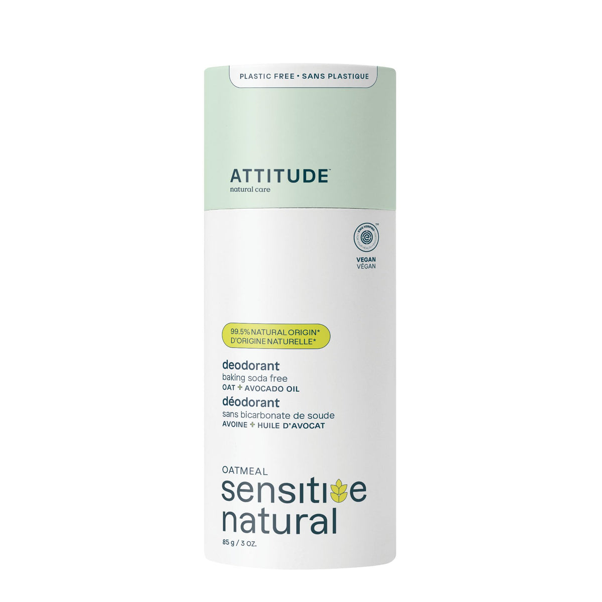 ATTITUDE Baking Soda Free Deodorant for Sensitive Skin with Oatmeal and Avocado Oil, Made in Canada, EWG Verified, Aluminum Free, 85 grams