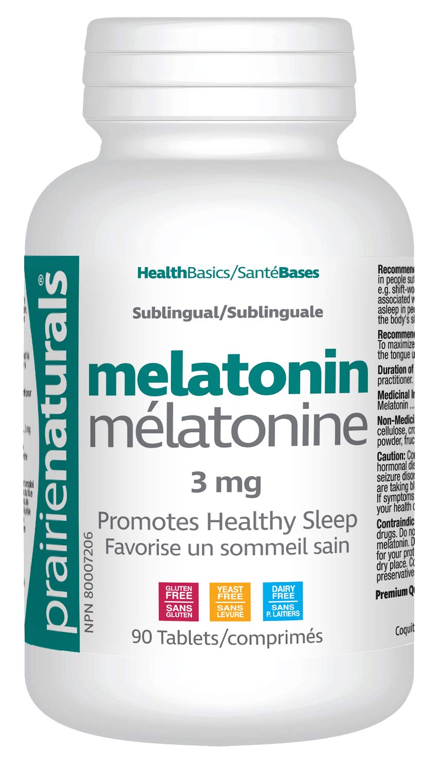 Prairie Naturals Sublingual melatonin 3mg tab; helps increase total sleep, helps relieve daytime fatigue associated with jet lag, shift work, reduces the time it takes to fall asleep, helps reset the body's sleep-wake cycle – 90 Count