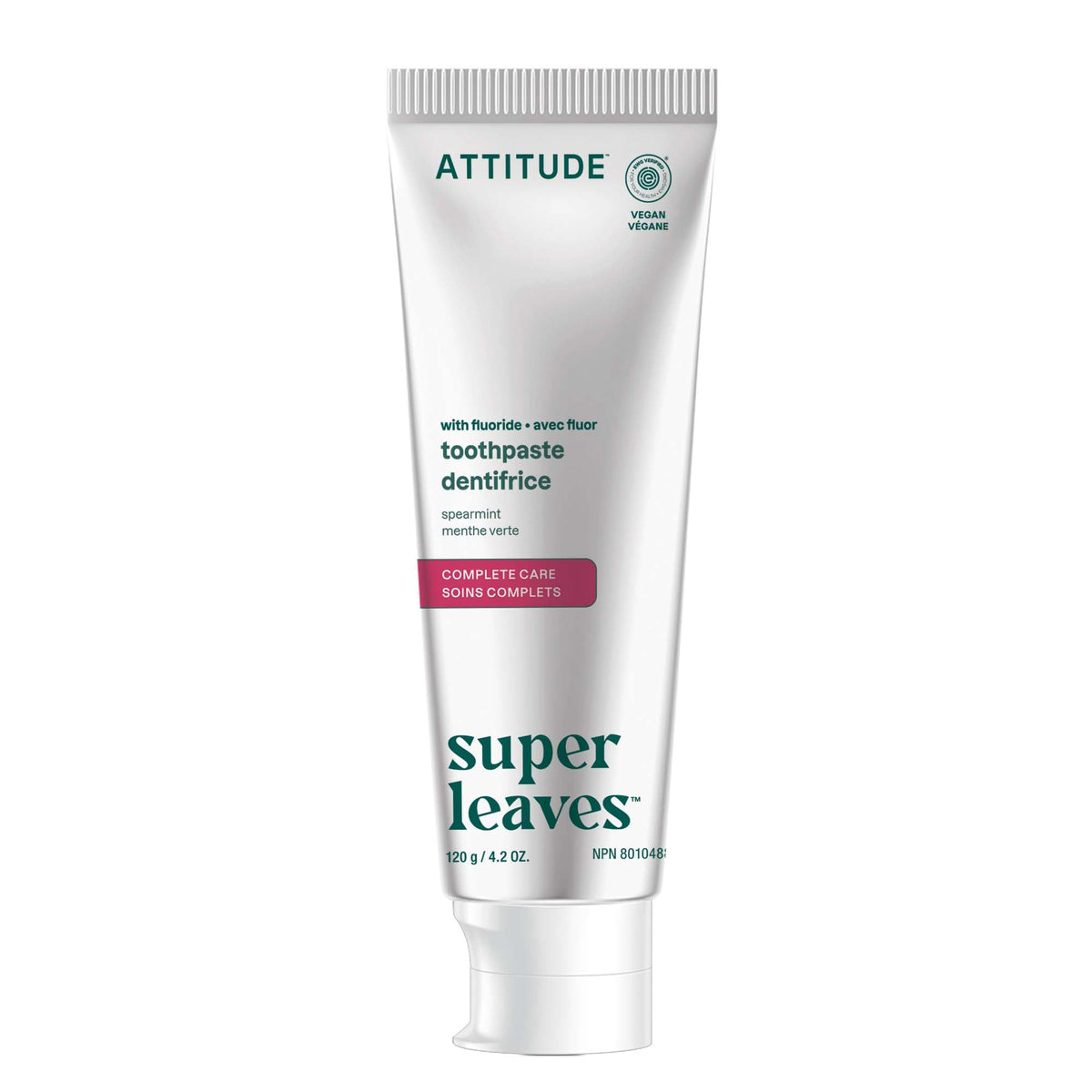 ATTITUDE Complete Care Toothpaste with Fluoride, Spearmint Flavor, Vegan & Cruelty-Free, Sugar-Free, Plant & Mineral-Based Ingredients, Clean Oral Care, 120 grams