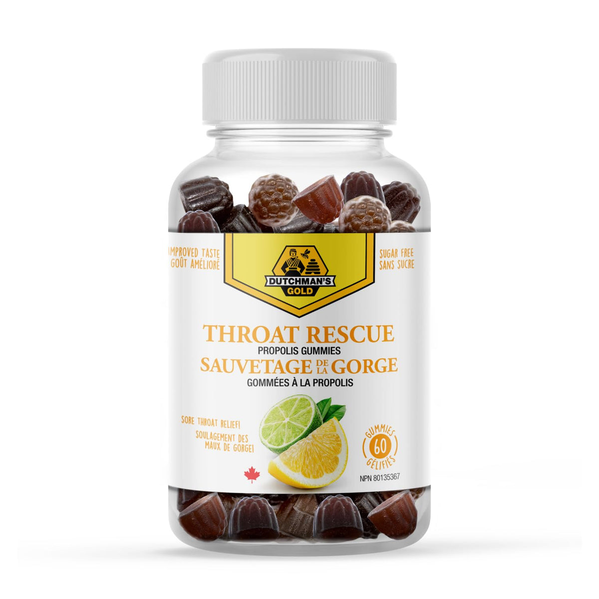 Dutchman’s Gold Throat Rescue Propolis Gummies, 60 Count | Sugar Free Lemon Citrus Gummies | Helps Relieve Sore Throat and Mouth Infections | Source of Antioxidants | Made in Canada