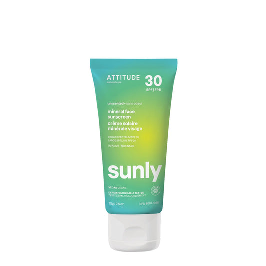 ATTITUDE Mineral Face Sunscreen with Zinc Oxide, SPF 30, Made in Canada, EWG Verified,Broad Spectrum UVA/UVB Protection, Dermatologically Tested, Vegan, Unscented, 75 grams