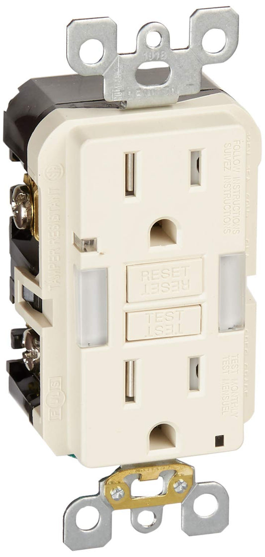 Leviton GFCI Receptacle with Guidelight, 15 Amp 125 Volt Tamper-Resistant with LED Indicator Light, GFNL1-T, Light Almond