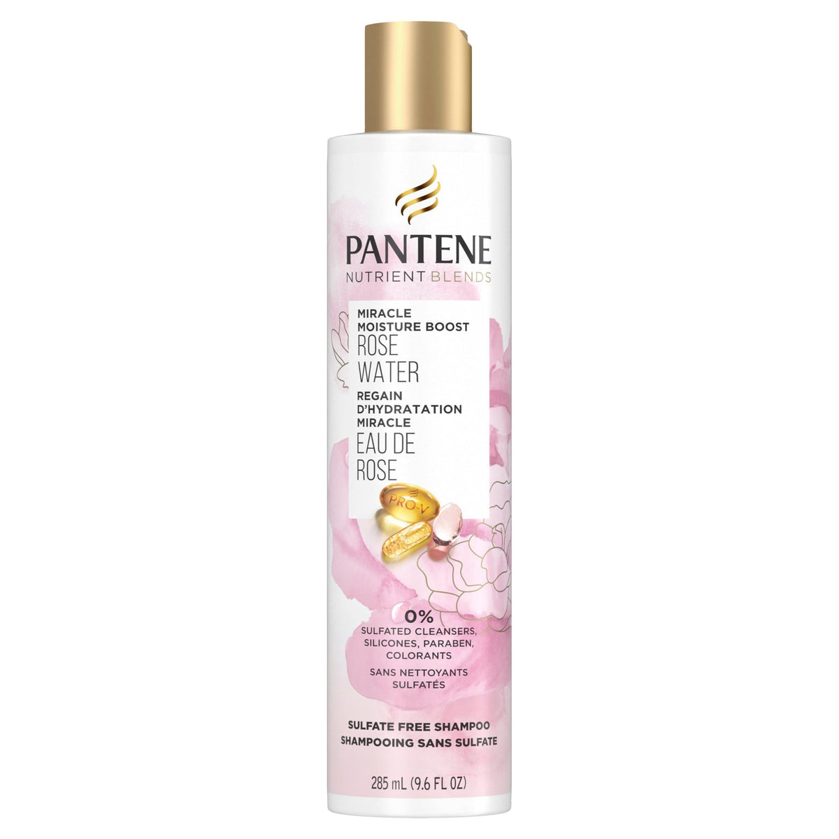 Pantene Nutrient Blends Miracle Moisture Boost Rose Water Shampoo for Dry Hair, Sulfate-Free, Paraben-Free, Safe for Color-Treated Hair, 285 mL