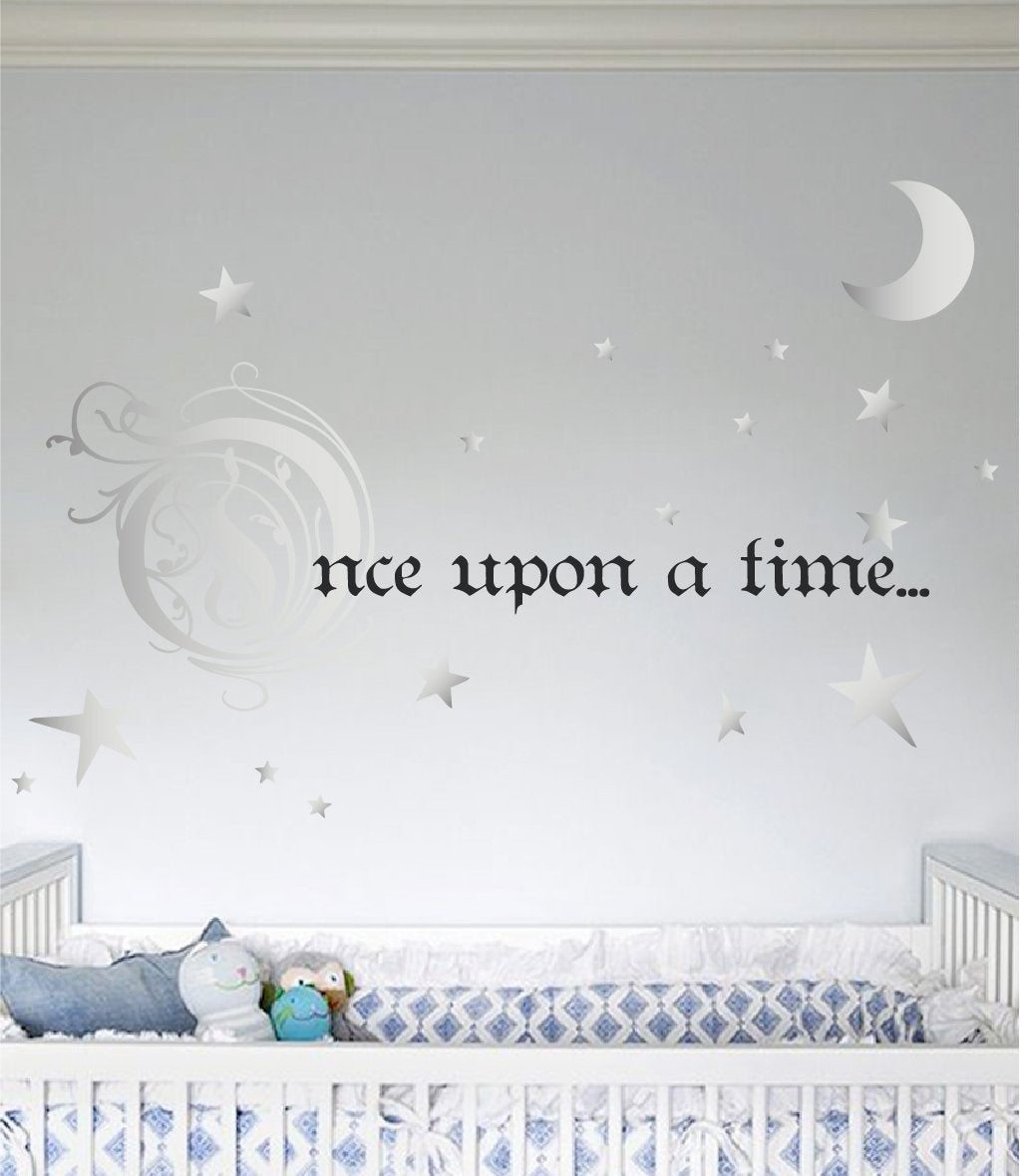 Once Upon a Time Story Book Quote Vinyl Wall Decal Removeable Baby Girl Nursery Fairy Tale Design Sticker (Silver & Black, 31x66 inches)