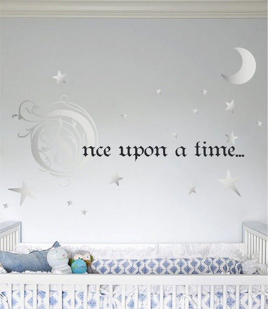 Once Upon a Time Story Book Quote Vinyl Wall Decal Removeable Baby Girl Nursery Fairy Tale Design Sticker (Silver & Black, 31x66 inches)
