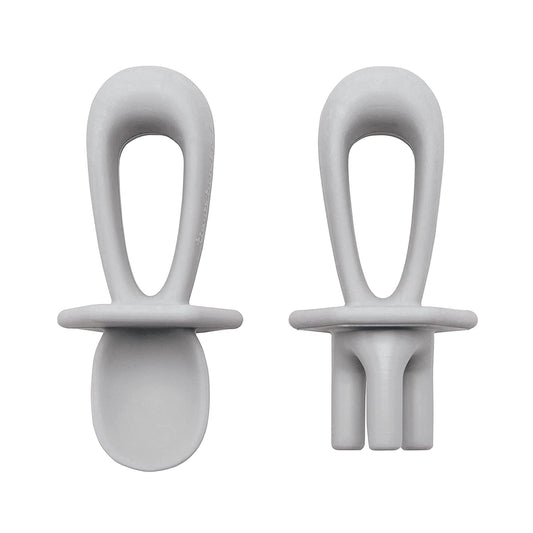 Tiny Twinkle Silicone Training Utensils - Baby Spoons and Baby Forks for Self-Feeding Training - Silicone Baby Led Weaning Utensils for Toddlers and Babies 6-24 Months - Baby Feeding Supplies (Grey)