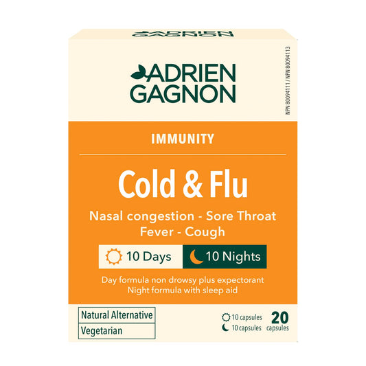 Adrien Gagnon - Cold and Flu - Night and Day Formula - For Relief of nasal congestion, sore throat, fever, and cough - 20 Capsules.