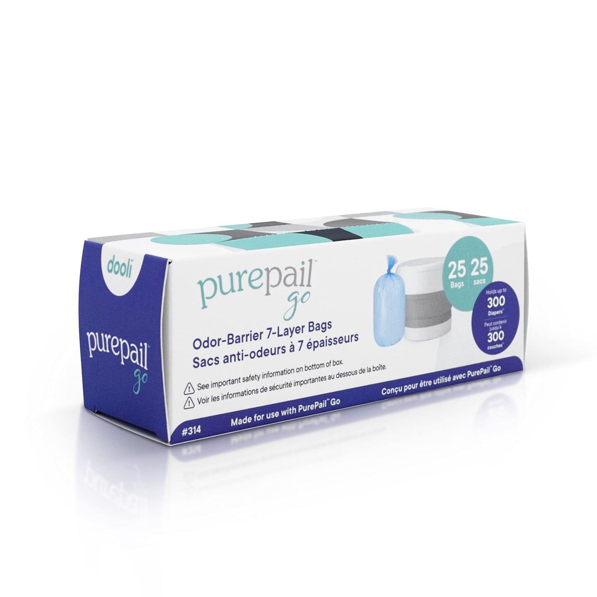 PurePail Go Odor-Barrier 7-Layer Refill Bags — 25 Count — Holds up to 300 Newborn Diapers — Blocks Odors with No Added Fragrance — Less Waste, No Cutting & No Canisters — Fits PurePail Go