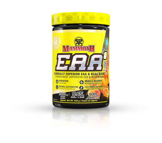 Mammoth EAA9, Performance EAA + BCAA, 6 g BCAA Blend, Full Spectrum EAA, High Leucine for Muscle Recovery, Natural Electrolytes - Coconut Water + Himalayan Sea Salt for Hydration, Sugar Free, Zero Calorie, 30 servings (Candy Peach)