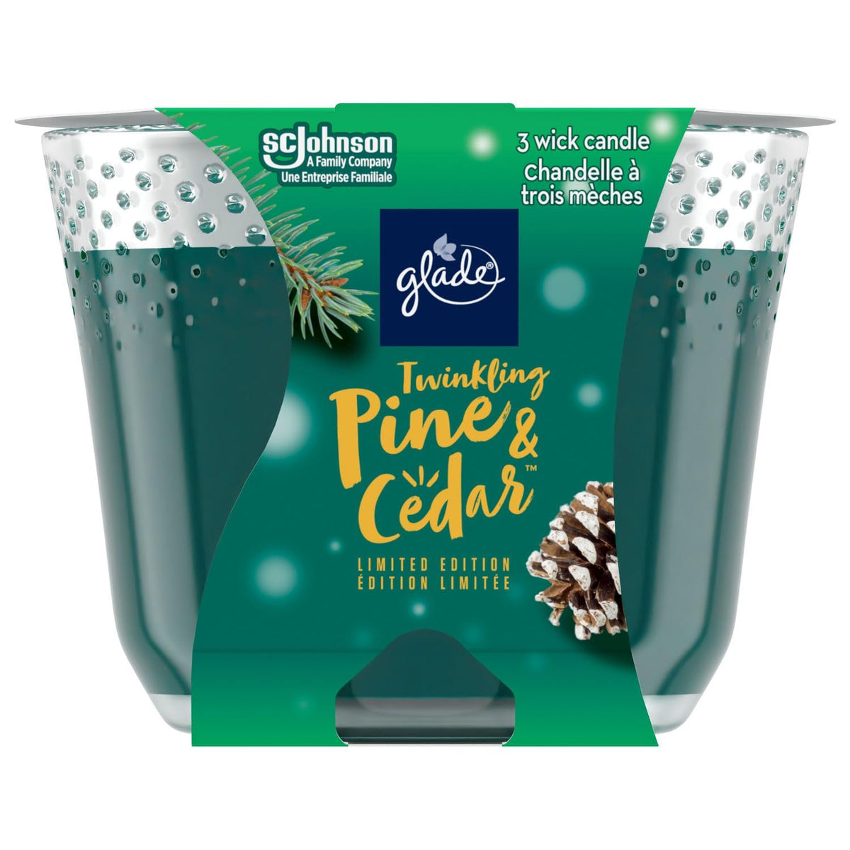Glade Scented Candle, Twinkling Pine & Cedar, Limited Edition, 3-Wick Candle, Air Freshener Infused with Essential Oils for Home Fragrance, 1 Count