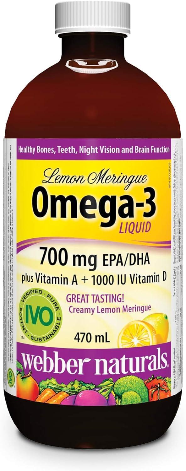 Webber Naturals Omega-3 Liquid with Vitamin A and D3, Lemon Meringue Flavour, Supports Cardiovascular Health and Brain Function