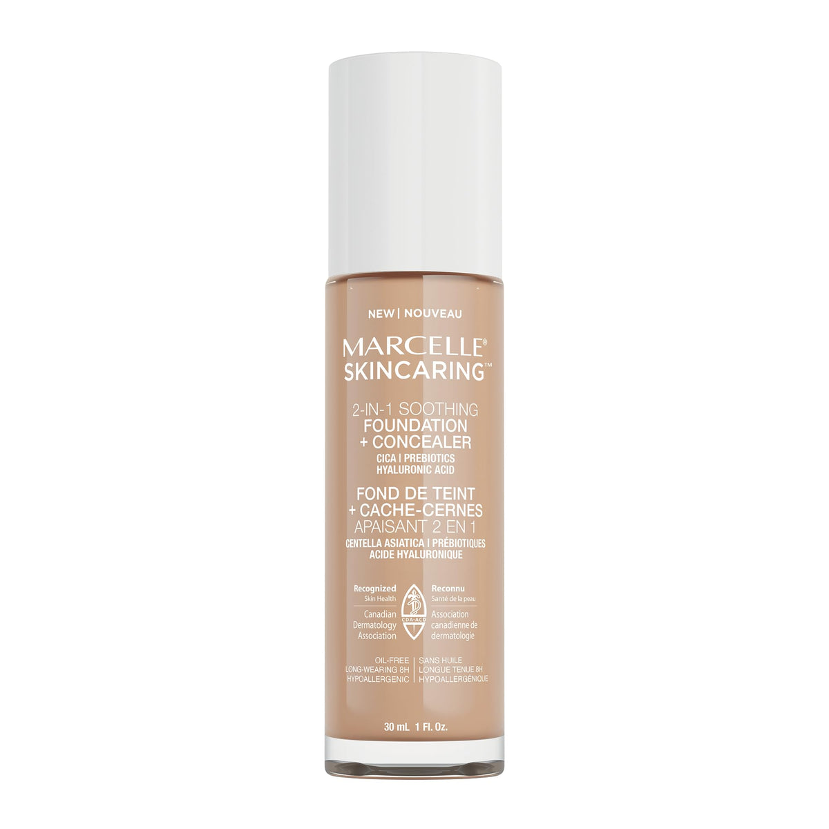 Marcelle Skincaring 2-in-1 Soothing Foundation + Concealer, Classic Ivory, with Hyaluronic Acid, Medium Coverage, Matte Finish, Oil-Free, Cruelty-Free, Fragrance-Free, Hypoallergenic, 30 mL