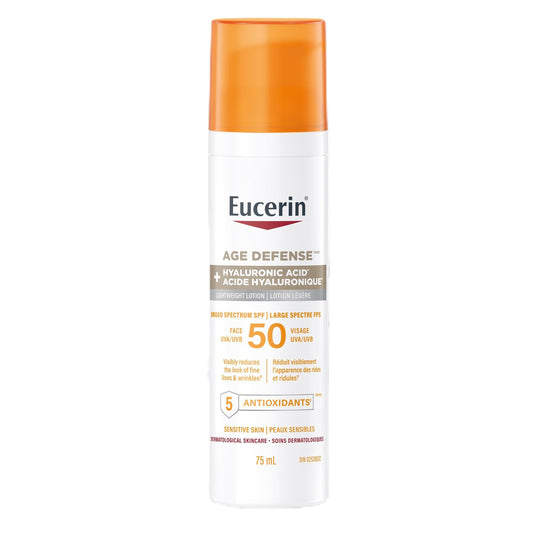 Eucerin Sun Age Defense Face Sunscreen SPF 50 | Facial Sunscreen with Hyaluronic Acid and 5 Antioxidants | For Sensitive & Aging Skin | Reduce the look of fine line & wrinkles* | 75mL pump