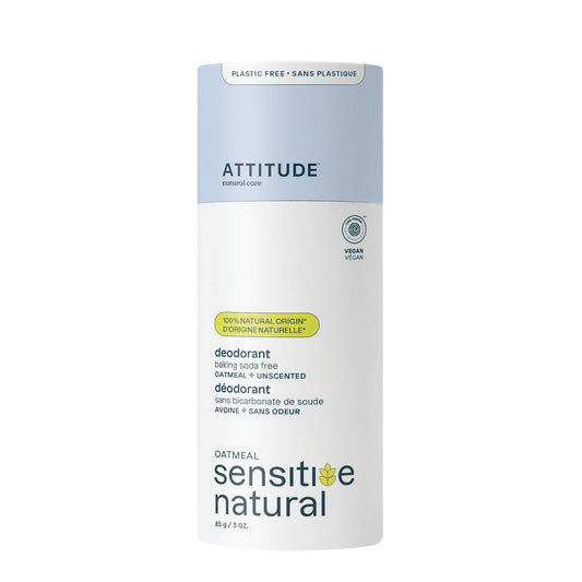 ATTITUDE Baking Soda Free Deodorant for Sensitive Skin with Oatmeal, Made in Canada, EWG Verified, Aluminum Free, Plastic-Free, Unscented, 85 grams