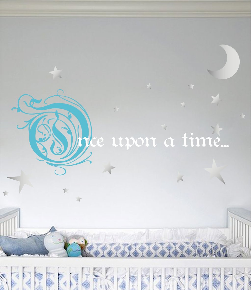 Once Upon a Time Story Book Quote Vinyl Wall Decal Removeable Baby Girl Nursery Fairy Tale Design Sticker (Blue, Silver, White, 9x22 inches)