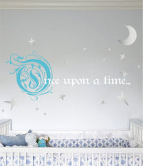 Once Upon a Time Story Book Quote Vinyl Wall Decal Removeable Baby Girl Nursery Fairy Tale Design Sticker (Blue, Silver, White, 9x22 inches)