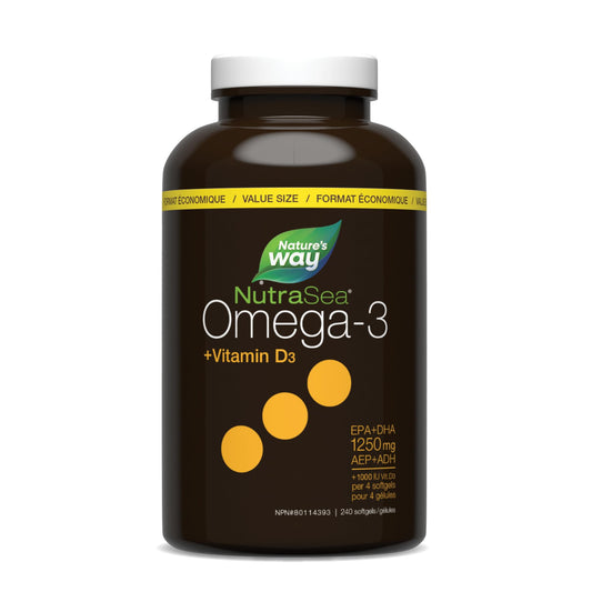Nature's Way NutraSea Omega 3 + Vitamin D Softgels Supplement with Fish Oil – Lemon Flavour – Heart, Brain, Bone & Immune Support for Adults and Kids Ages 6+ – EPA & DHA + 1000IU D3, 240 Softgels