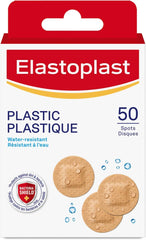 Elastoplast Plastic Water-Resistant Bandages for Small Wound Care and First Aid Kit, Discreet Size, Strong Adhesion, Repel Water and Dirt, Bacteria Shield, First Aid Supplies, 50 Spots, Beige
