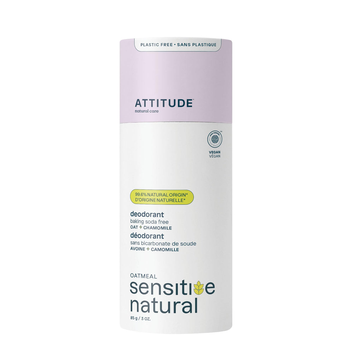 ATTITUDE Baking Soda Free Deodorant for Sensitive Skin with Oatmeal and Chamomile, Made in Canada, EWG Verified, Aluminum Free, Plastic-Free, 85 grams